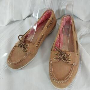 SPERRY! TOPSIDER FAWN BEIGE GENUINE LEATHER, BROWN LACING DECK SHOES! SZ 8M
